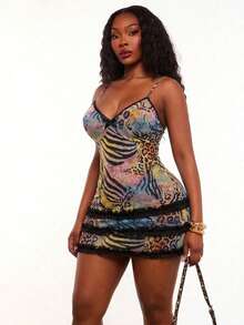 Radiana 大码女装春夏时尚休闲性感度假动物纹撞色层叠荷叶边迷你吊带裙，适合日常穿着、音乐节、百搭场合、科切拉音乐节、波西米亚风、郊游、度假、海滩度假、假日、海边、西部风、演唱会、狂欢节派对、约会之夜、伊比沙岛、纳什维尔、休闲、优雅、时尚、夜店、可爱、休闲、购物、街头风、外出等场合，易于搭配，显瘦，凸显身材，修饰身形 - 彩色 - 查看 3