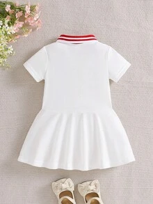 SHEIN 女婴休闲蝴蝶结刺绣Polo领连衣裙，夏季 - 紅白色 - 查看 2