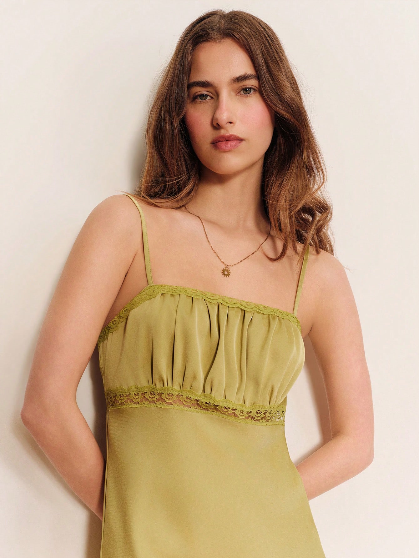 Olive Green Lace Trimmed Satin Midi Slip Dress With Gathered Bust Detail Date Night Dress Going Out Vacation Dress Holiday Dress Green Satin Evening Dress Graduation Dress Spring Summer French Style Parisian Style Festival Dress