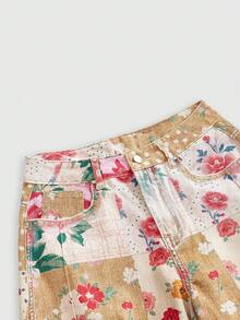 ROMWE Quần jeans ống rộng cạp cao, túi xéo, họa tiết hoa vintage mới cho mùa xuân và thu, phong cách đường phố thường ngày dành cho nữ. - Màu be - Xem 3