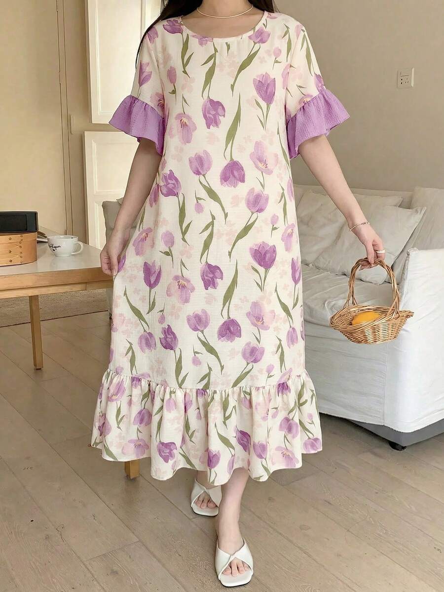 SHEIN 少女甜美简约郁金香图案睡衣连衣裙,圆领荷叶边下摆短袖宽松舒适,适合女孩日常穿着,居家户外皆宜 - 玫紅色 - 查看 1