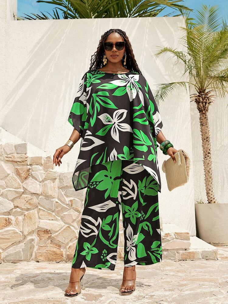 Plus Size Women Floral Print High Low Hem Shirt And Wide Leg Pants Casual 2 Pieces Set Summer Summer Outfits Spring Clothing Spring Outfit Festival Outfits For Women Beach Outfit For Women Vacation Outfits Women Holiday Outfits For Women Summer Holiday Outfits Country Concert Outfit Women's Country Clothing Casual Sets For Women Dress For Women Plus Size Dress Plus Size 2 Piece Set