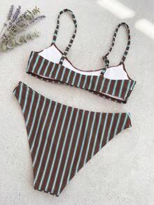 SHEIN Swim Mod Bộ bikini cổ chữ V chấm bi xanh hải quân và trắng phong cách bohemian thanh lịch, có dây đeo điều chỉnh được. - Nhiều màu - Xem 2