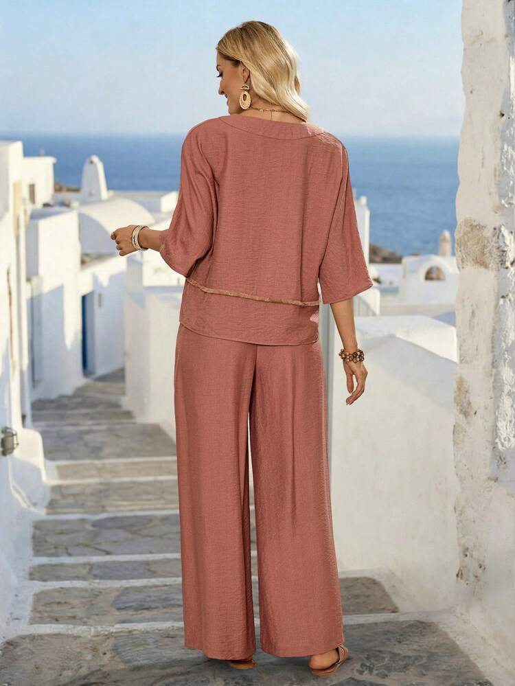 Women's Solid V-Neck 3/4 Sleeve Shirt And Wide Leg Pants Casual 2 Pieces Set Summer Outfits For Women Casual Sets For Women Vacation Outfits Women Holiday Outfits For Women Summer Holiday Outfits Country Style For Women Two Piece Set Women Summer Two Piece Set 2 Piece Vacation Outfit Two Piece Vacation Set 2-Piece Going Out Sets For Women Matching Sets For Women Women's Blouse Set