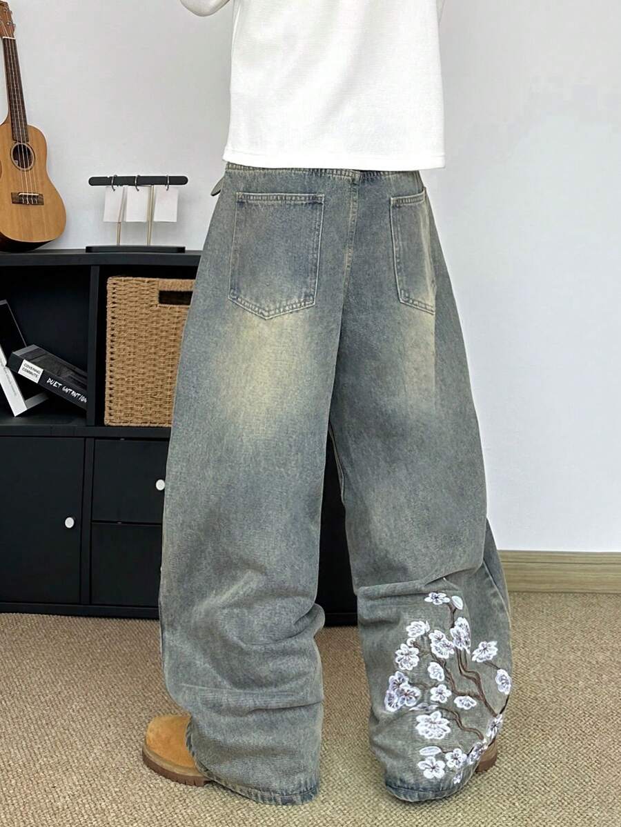 STEELVANCE Quần jeans ống đứng dáng rộng, chất liệu denim bạc màu, thêu họa tiết, thích hợp mặc hàng ngày theo phong cách đường phố. - Màu xanh lam - Xem 1