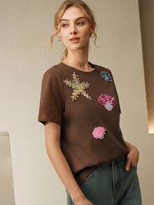 Anewsta Áo thun nữ tay ngắn cổ tròn đính sequin và hạt cườm kiểu dáng thường ngày - Cà phê nâu - Xem 5