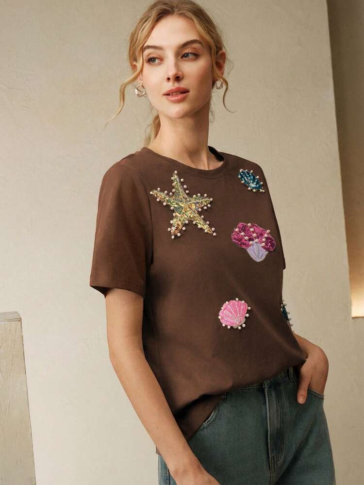 Anewsta Women's Casual Sequin Applique Bubble Bead Round Neck Short Sleeve T-Shirt - Coffee Brown - View 5