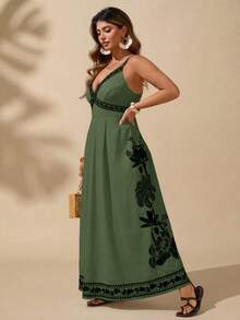 SHEIN LUNE 大码深V领热带植物印花夏季无袖沙滩度假连衣裙 - 軍綠色 - 查看 7