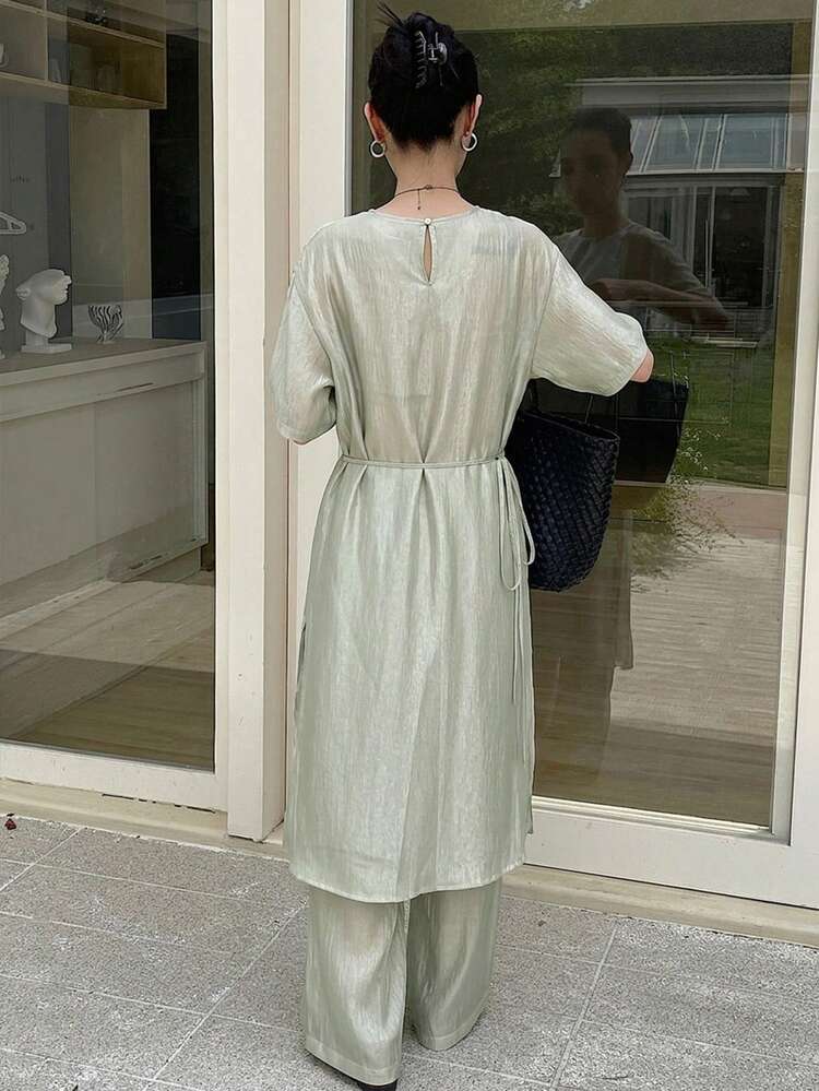2pcs Women's Spring/Summer Wrap-Style Loose Skirt And Pants Set, Textured Fabric, Casual Business Outfit, Green