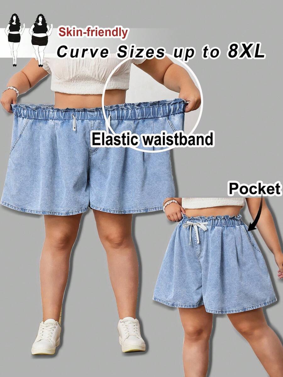 SHEIN CURVE+ Celana Pendek Denim Kasual Longgar dengan Tali Serut di Pinggang untuk Wanita Ukuran Besar (Jorts) - Light Wash - View 1