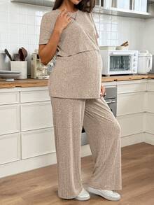 SHEIN Bộ đồ bầu gồm áo thun cổ tròn tay ngắn màu trơn và quần dài cạp chun điều chỉnh được, 2 món. - Màu Khaki - Xem 5