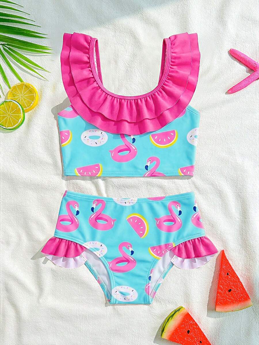 2pcs Baby Girls' Flamingo & Donut & Fruit Print Patchwork Collar Double Layer Solid Color Ruffle Hem Shorts Beach Swimsuit Set - Multicolor - View 1