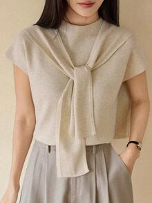 Dazy-Less Bộ 2 áo len nữ, áo dệt kim tay ngắn cổ bẻ - Màu be - Xem 8