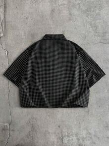 AXEPEAK Men's Letter & Plaid Short Sleeve Button-Down Casual Shirt - Black - View 2