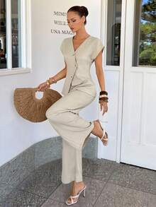 Siren Gaze Bộ đồ thường ngày bằng vải lanh màu trơn dành cho nữ, thích hợp cho mùa xuân/hè. - Màu be - Xem 1