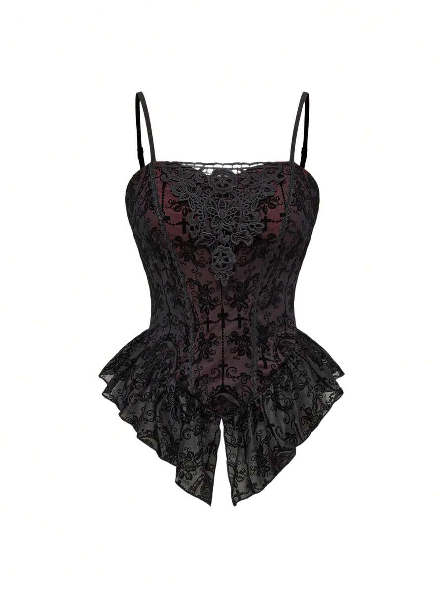 ROMWE Spring/Summer Plus Size Women Gothic Romantic Palace Flocked Contrast Lace Asymmetrical Hem Camisole Valentine's Day - Black - View 1