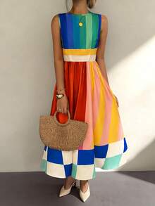 Vaclyn Women's Casual Colorful Striped Mid-Length Dress - Multicolor - View 3