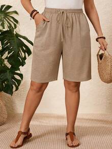 Rosumi Plus Size Casual Solid Color Drawstring Waist Shorts - Khaki - View 9