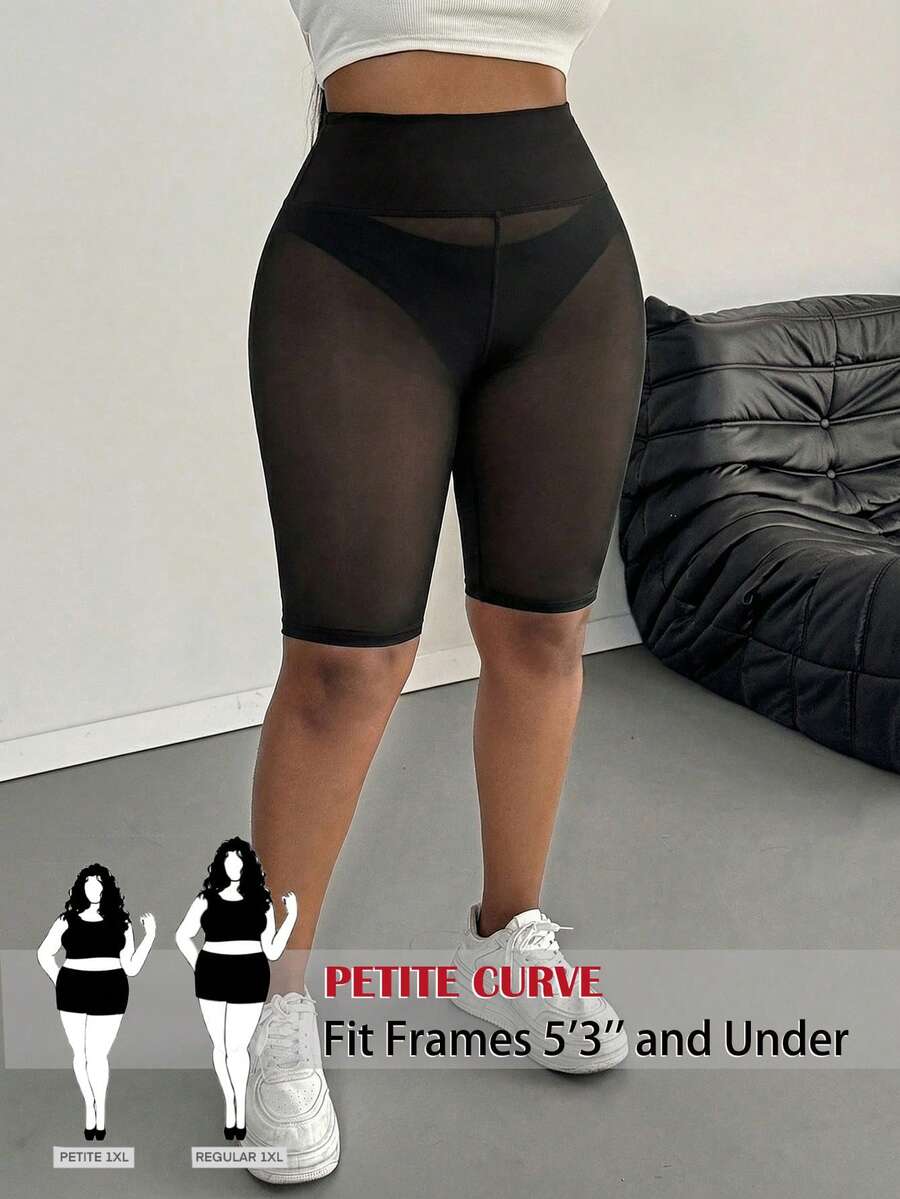SHEIN PETITE CURVE 大码女式纯色透视极简骑行短裤，适合夏季出行 - 黑色 - 查看 1