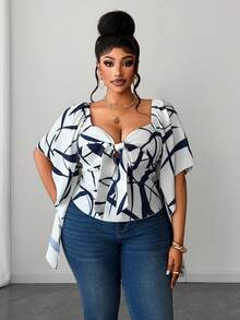 Maweii Plus Size Women's White Striped Print Deep V-Neck Tie Bow Asymmetrical Ruffle Sleeve Summer Cinched Waist Blouse, Elegant Vacation Clothing - Blue and White - View 4