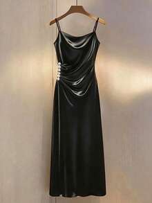 SHEIN Franclia Đầm dài xếp ly eo đính ngọc trai giả thanh lịch dành cho nữ, thích hợp cho các bữa tiệc và tiệc chiêu đãi mùa hè. - màu đen - Xem 3
