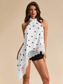 Top de satén con parches de encaje y espalda descubierta, elegante y apropiado para fiestas, cócteles, ocasiones formales, Navidad y vestimenta casual de negocios - Blanco 3 - Ver 5
