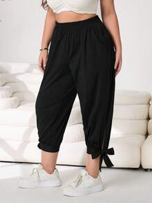 Solflare Plus Size Women's Pockets Flared Leg Pants With Bow Tie Waist Band, Versatile Capri Pants - Black - View 4