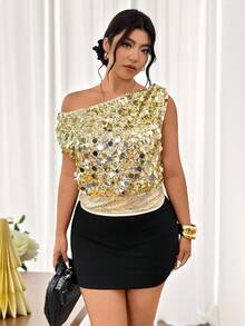 Lounesse Áo kiểu dáng sang trọng đính sequin, màu trơn, vai lệch, dành cho nữ, cỡ lớn. - Vàng - Xem 7