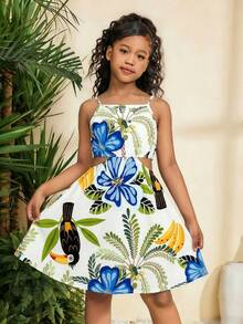 少女热带印花露脐吊带连衣裙，休闲度假风 - 彩色 - 查看 5