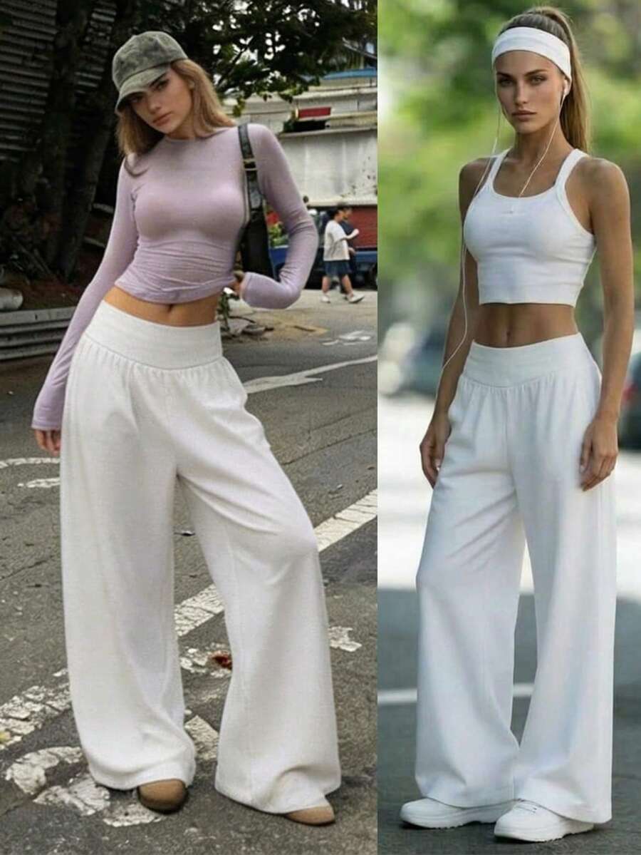 SHEIN Sports 女士宽松阔腿飘逸长裤，高腰休闲白色阔腿裤，夏季沙滩瑜伽慢跑裤，春季，情人节，外出，度假，女士休闲装