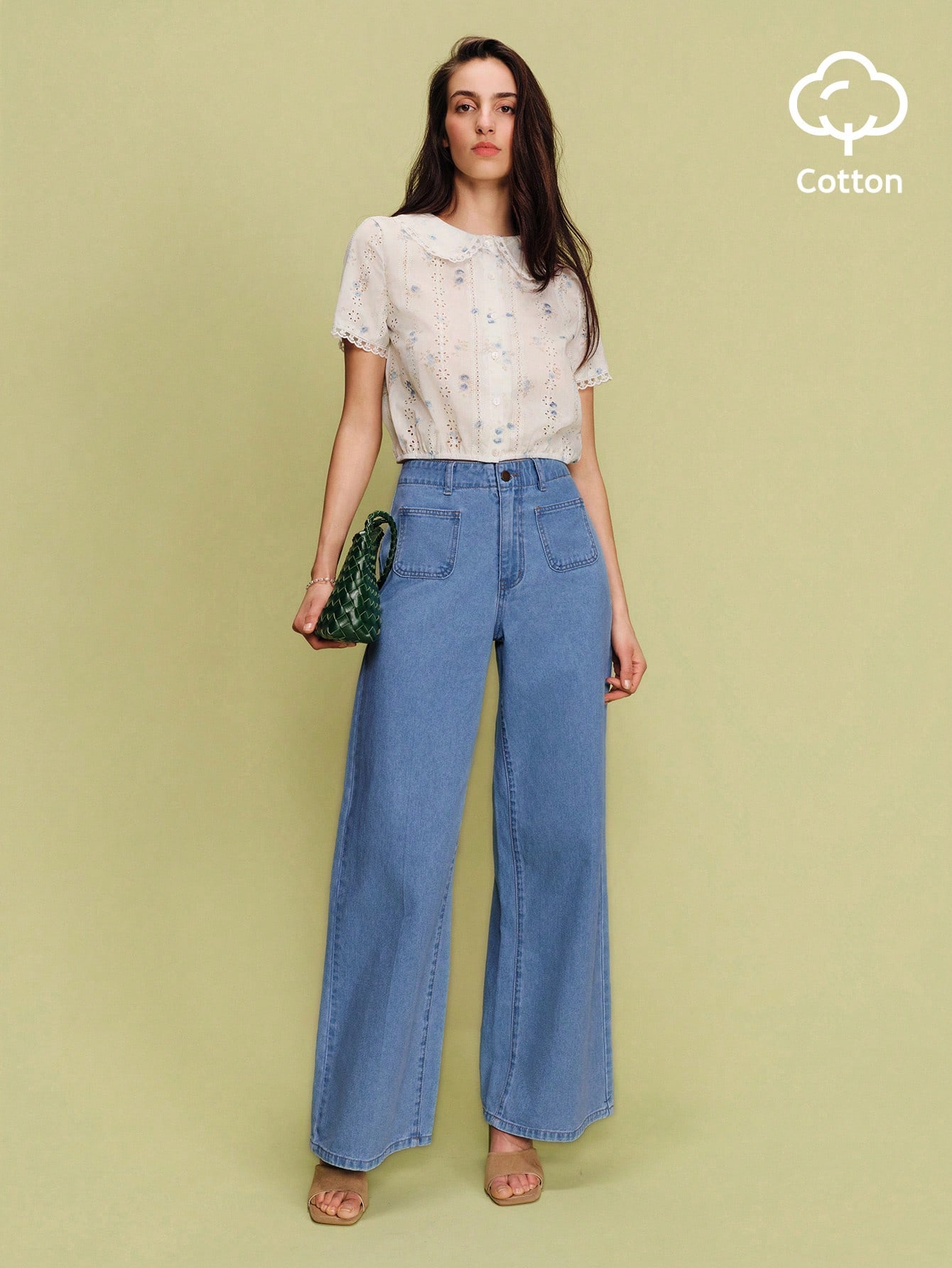 ワイドレッグデニム ミッドライズジーンズ フロントパッチポケット付き、春夏フレンチスタイル パリジャンスタイル ヴィンテージジーンズ シックなパンツ お出かけ用