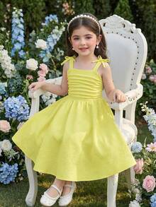 Girls' Elegant Solid Color 3D Bow Ruffle Strap Dress, Suitable For Outings, Parties And Events In Spring/Summer Kids Dresses Yellow Young Girl Summer - Yellow - View 2