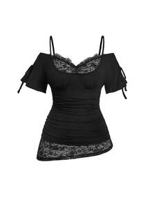 ROMWE Goth Plus Size Sexy Butterfly Lace Patchwork Minimalist Versatile Shoulder Long Top - Black - View 1