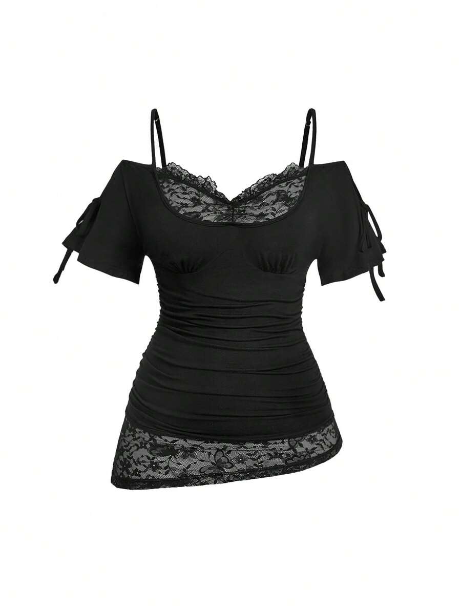 ROMWE Goth Plus Size Sexy Butterfly Lace Patchwork Minimalist Versatile Shoulder Long Top - Black - View 1