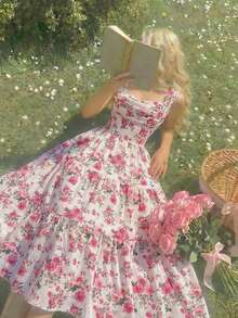 Vintamour 复古经典优雅女士连衣裙，春夏修身印花方领吊带连衣裙，粉色荷叶边下摆连衣裙 - 粉色 - 查看 1