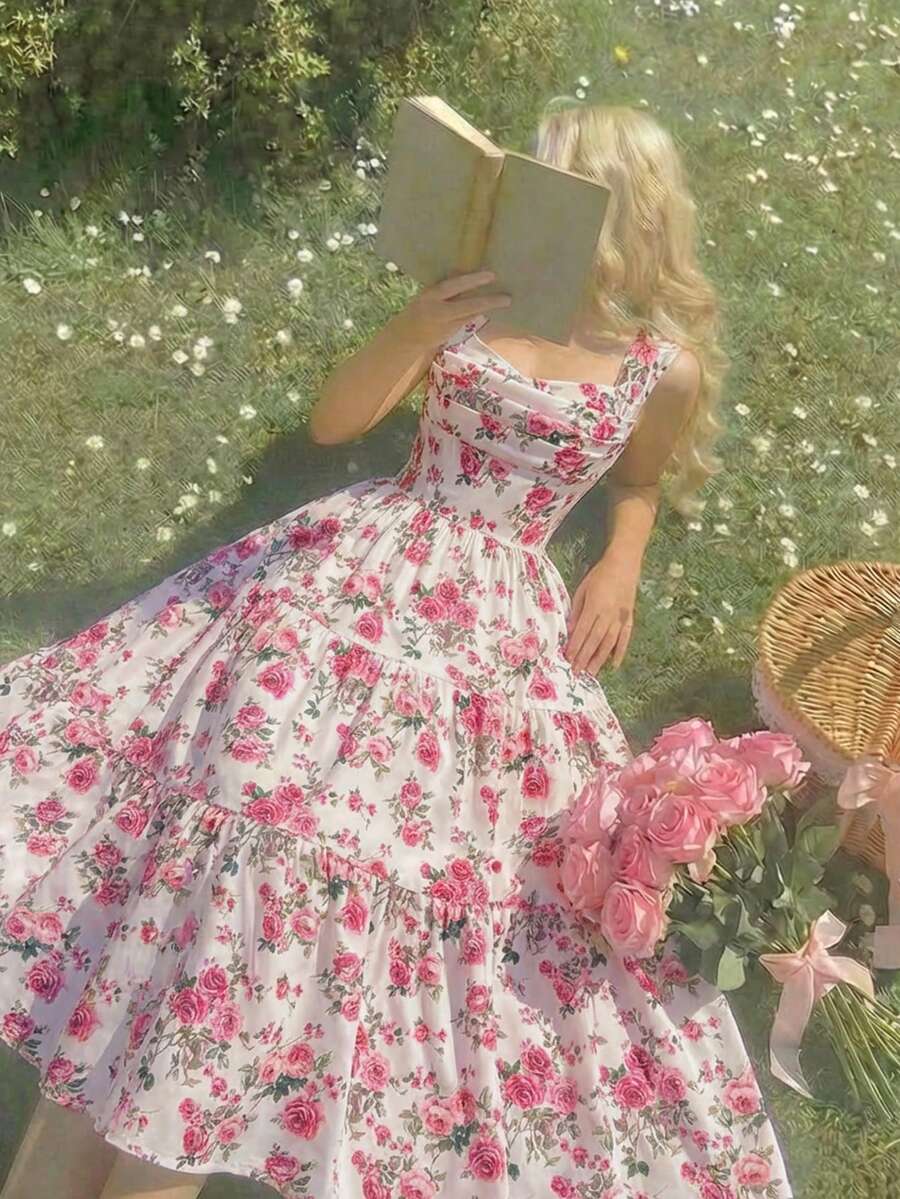 Vintamour 复古经典优雅女士连衣裙，春夏修身印花方领吊带连衣裙，粉色荷叶边下摆连衣裙 - 粉色 - 查看 1