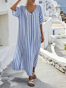 SHEIN Holidaya Đầm nữ dáng rộng thoải mái, họa tiết sọc xanh trắng kiểu retro, thích hợp cho kỳ nghỉ hè. - Màu xanh lam - Xem 5