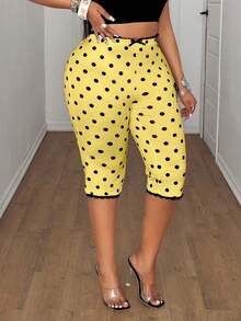 Maweii Plus Size Polka Dot Print Lace Patchwork Bow Decor Leggings - Yellow - View 4