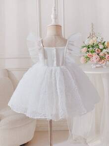 SHEIN Glamorique Kids 女婴夏季韩版修身可爱白色编织拼接网纱荷叶边蝴蝶结装饰连衣裙 - 白色 - 查看 2