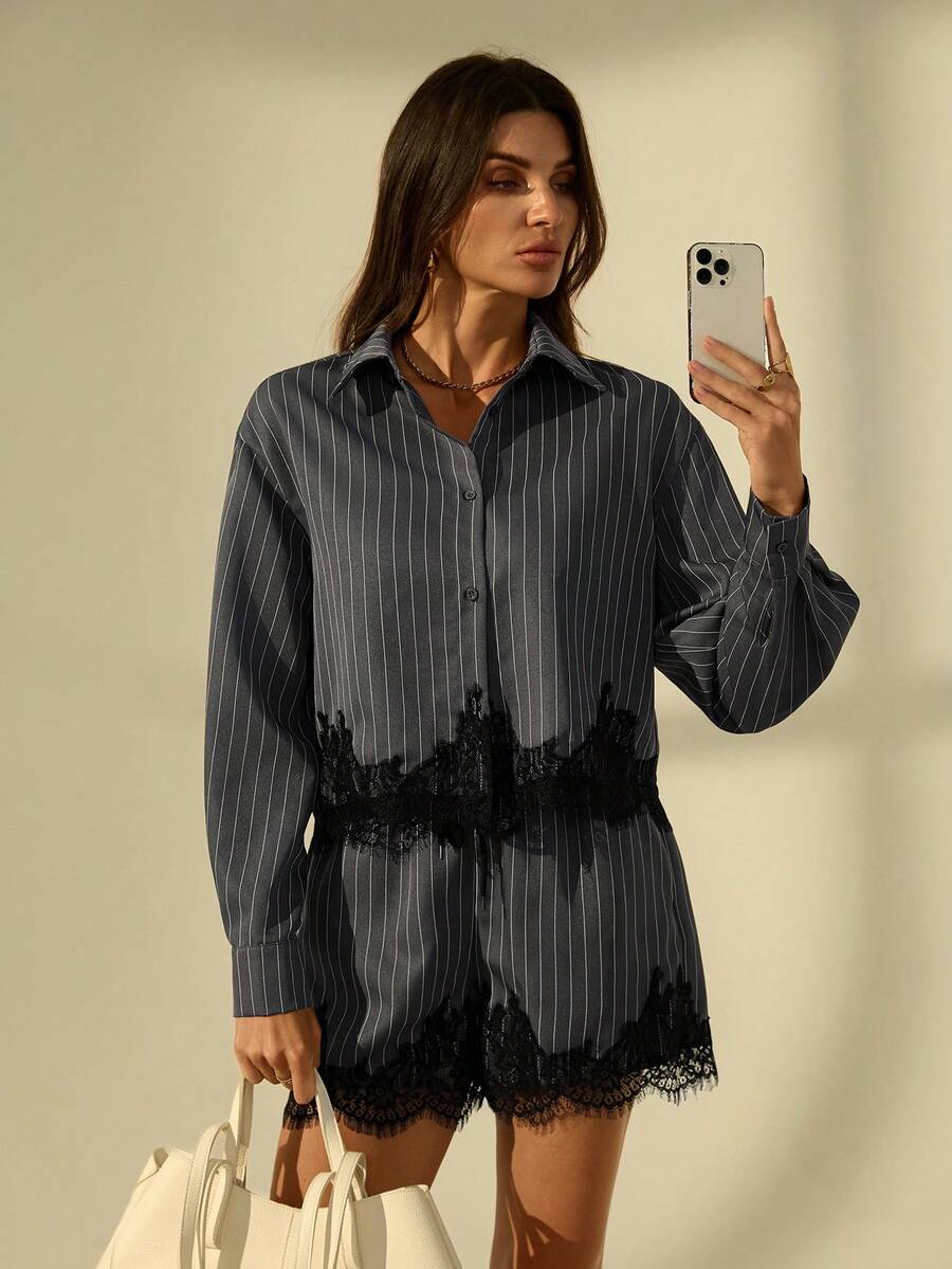 SHEIN Tall 灰色秋季優雅早午餐女款兩件式短褲套裝，蕾絲不對稱下擺拼接條紋襯衫與短褲套裝，都市休閒度假海灘穿搭，高雅，適合高個子女性