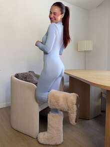 Abrilcols 女式街头纯色长袖半拉链连体裤，秋季 - 藍色 - 查看 4