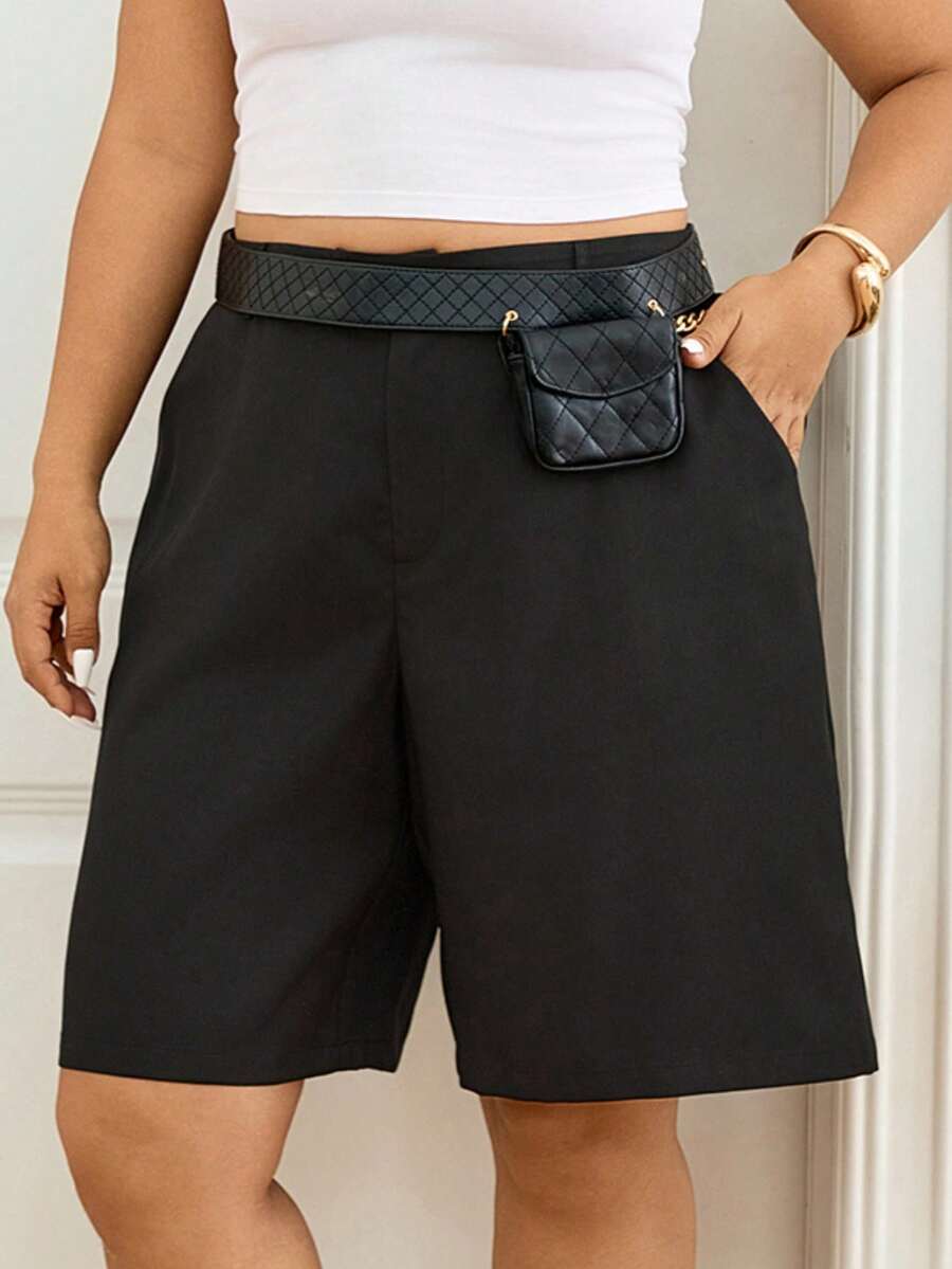 Lounesse Quần short Bermuda đen cỡ lớn dành cho nữ, quần short đi làm đa năng thoải mái, quần short đen ống rộng cho nữ, quần short đen nữ. - màu đen - Xem 1