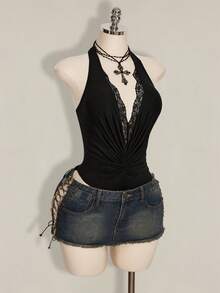 SHEIN ICON 性感深V领蕾丝拼接女士连体衣 - 黑色 - 查看 9