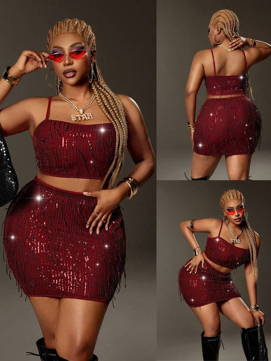 Maweii Conjunto de 2 Peças Regata com Lantejoulas e Franjas & Minissaia Plus Size Feminino, Bordô, Verão, Anos 70, Noite na Balada, Festa, Férias, Look Harlem Nights