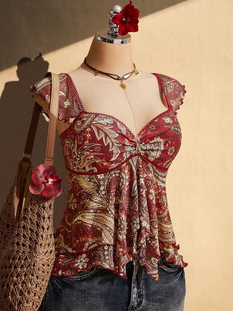 SHEIN ICON 大尺碼女款酒紅色夏季波西米亞度假風復古皺褶前片拼接網紗荷葉袖露背短版背心上衣,波西米亞服飾 - 彩色 - 查看 1