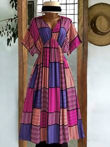 Rusticease Plus Size V-Neck Batwing Sleeve Color Block Vacation Dress - Multicolor - View 3