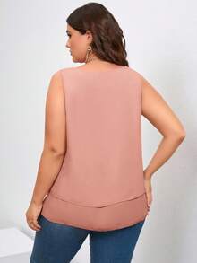 SHEIN Clasi Plus Size Women Solid Color Ruffle Hem Sleeveless Casual Shirt - Pink - View 2