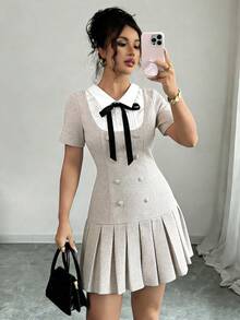 GlowEve 优雅珍珠格纹提花面料二合一蝴蝶结领短袖腰部拼接褶裥A字女式连衣裙 - 彩色 - 查看 4