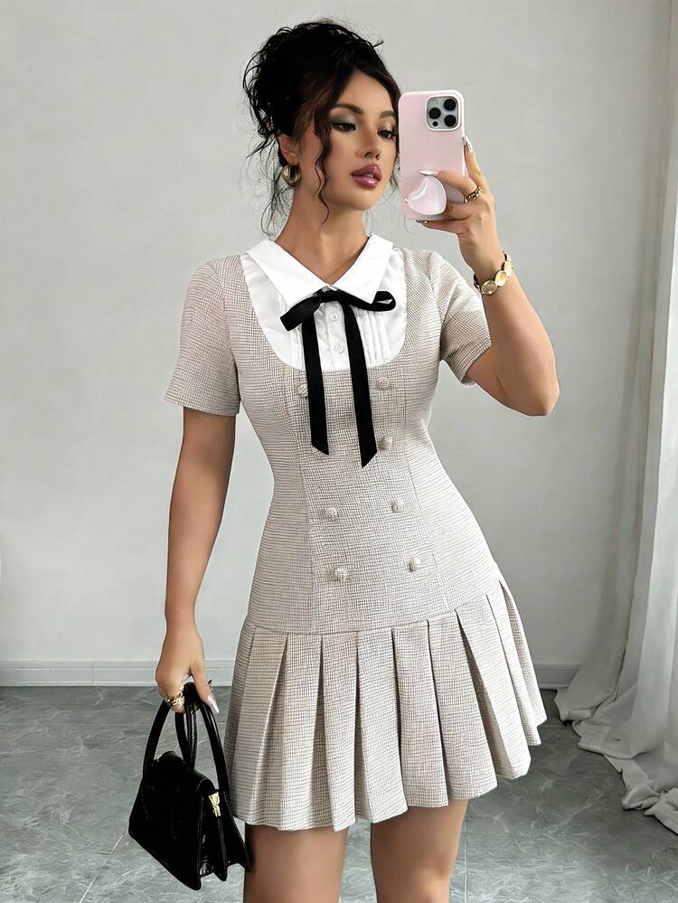 GlowEve Đầm nữ dáng chữ A xếp ly, phối eo, họa tiết kẻ caro ngọc trai thanh lịch, chất liệu jacquard. - Nhiều màu - Xem 4