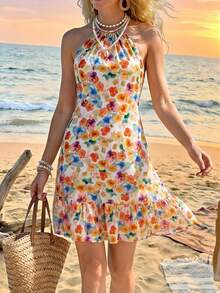 Sylviya Vestido feminino casual de férias com amarração nas costas e decote nas costas - Multicolorido - Ver 6